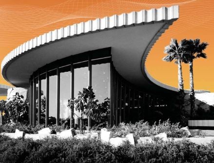 Stylized image of a curved mid-century style building with an orange sky.